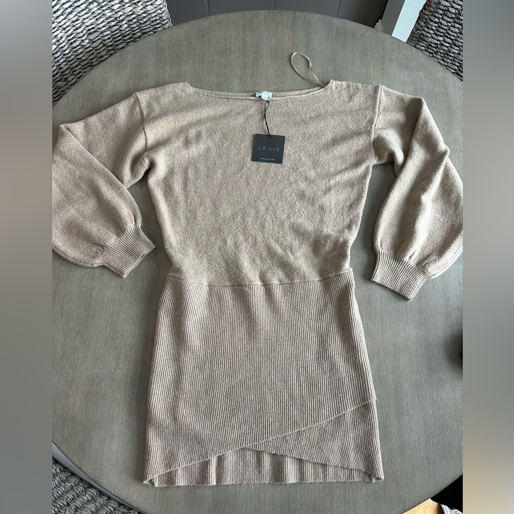 Le Lis Taupe Knit Sweater Dress with Balloon Sleeves Large NWT